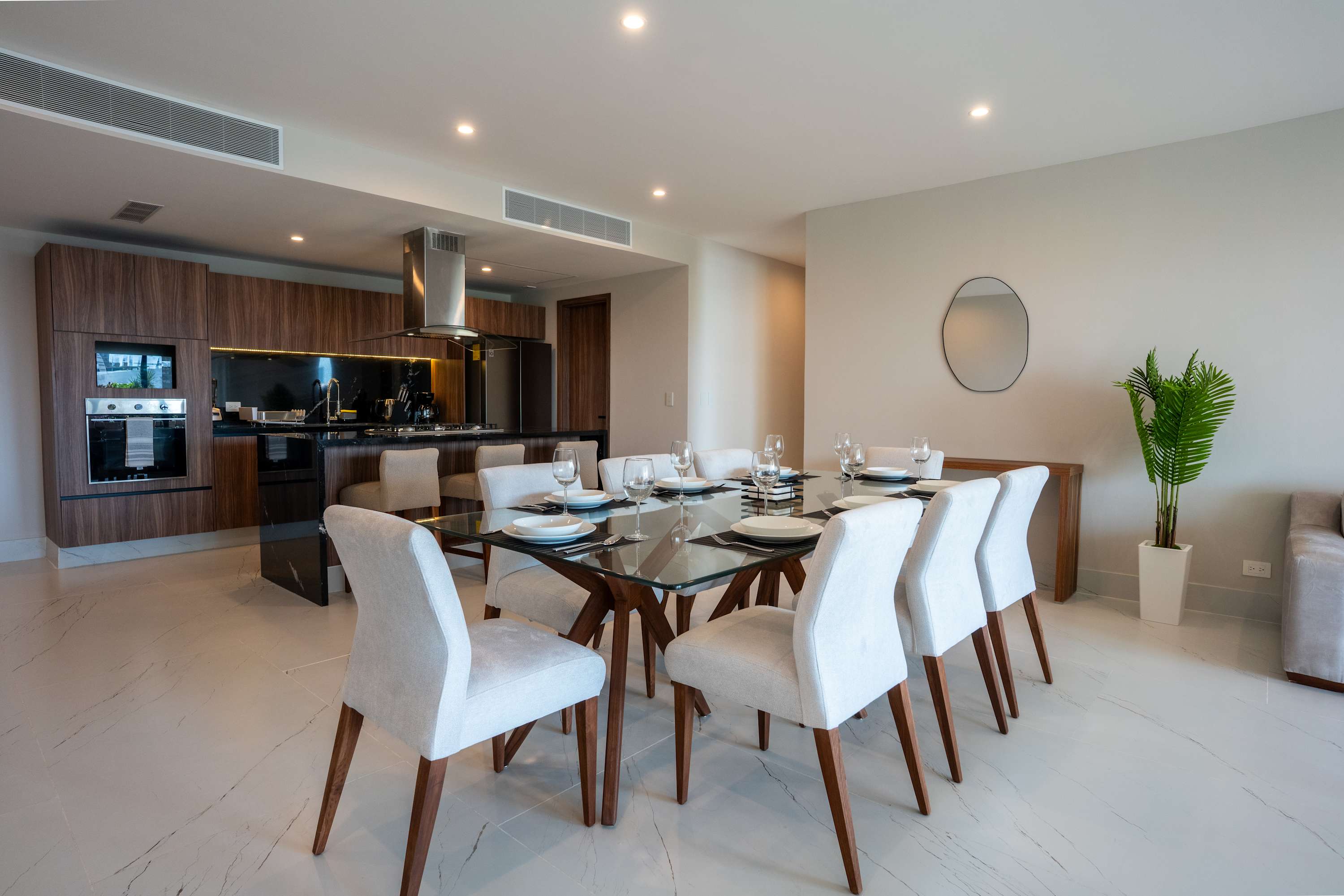 A dining area with a glass-top table and chairs, a kitchen with wooden cabinets, and a potted plant.