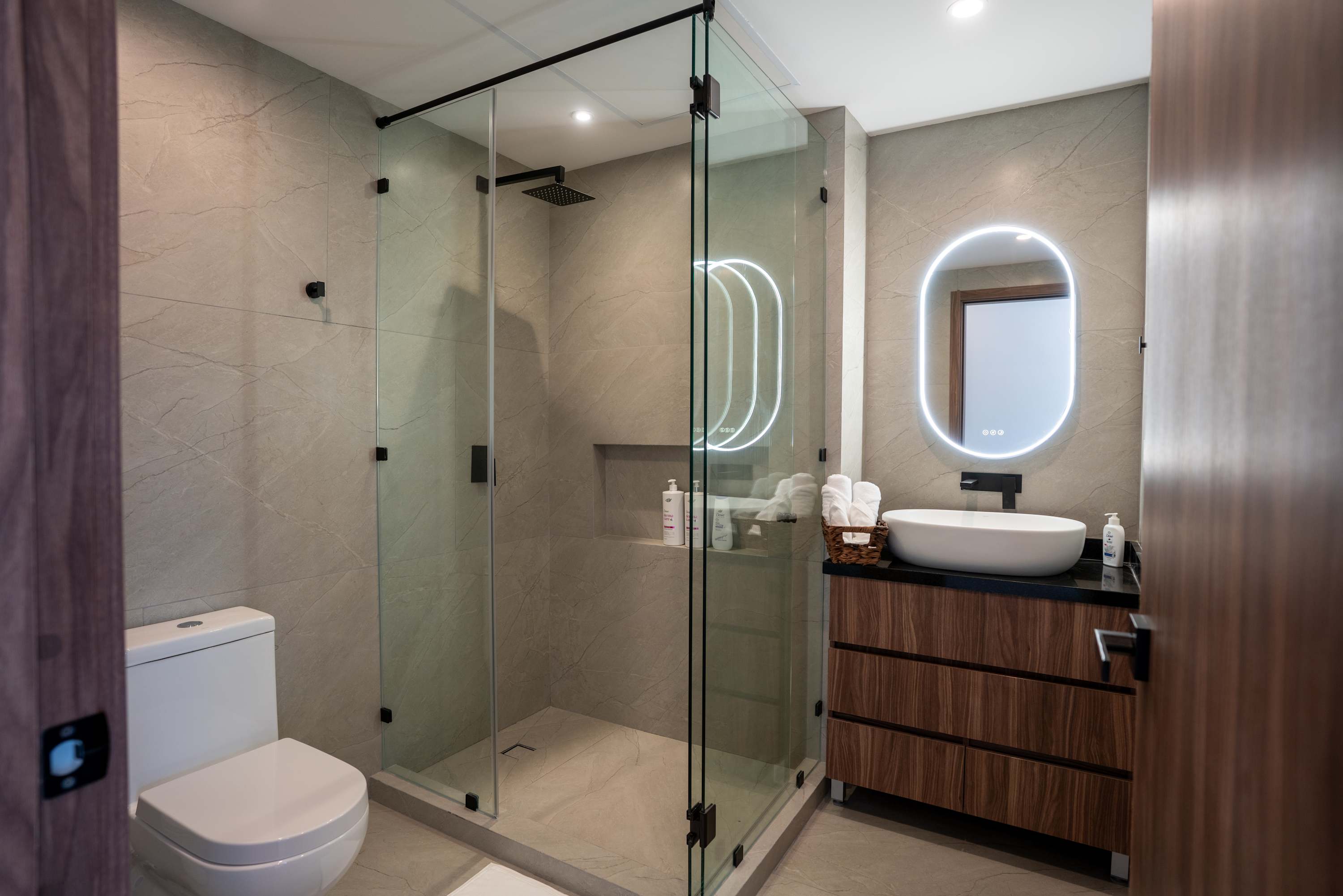 Modern bathroom with a glass-enclosed shower, a toilet, and a vanity with a sink and mirror.