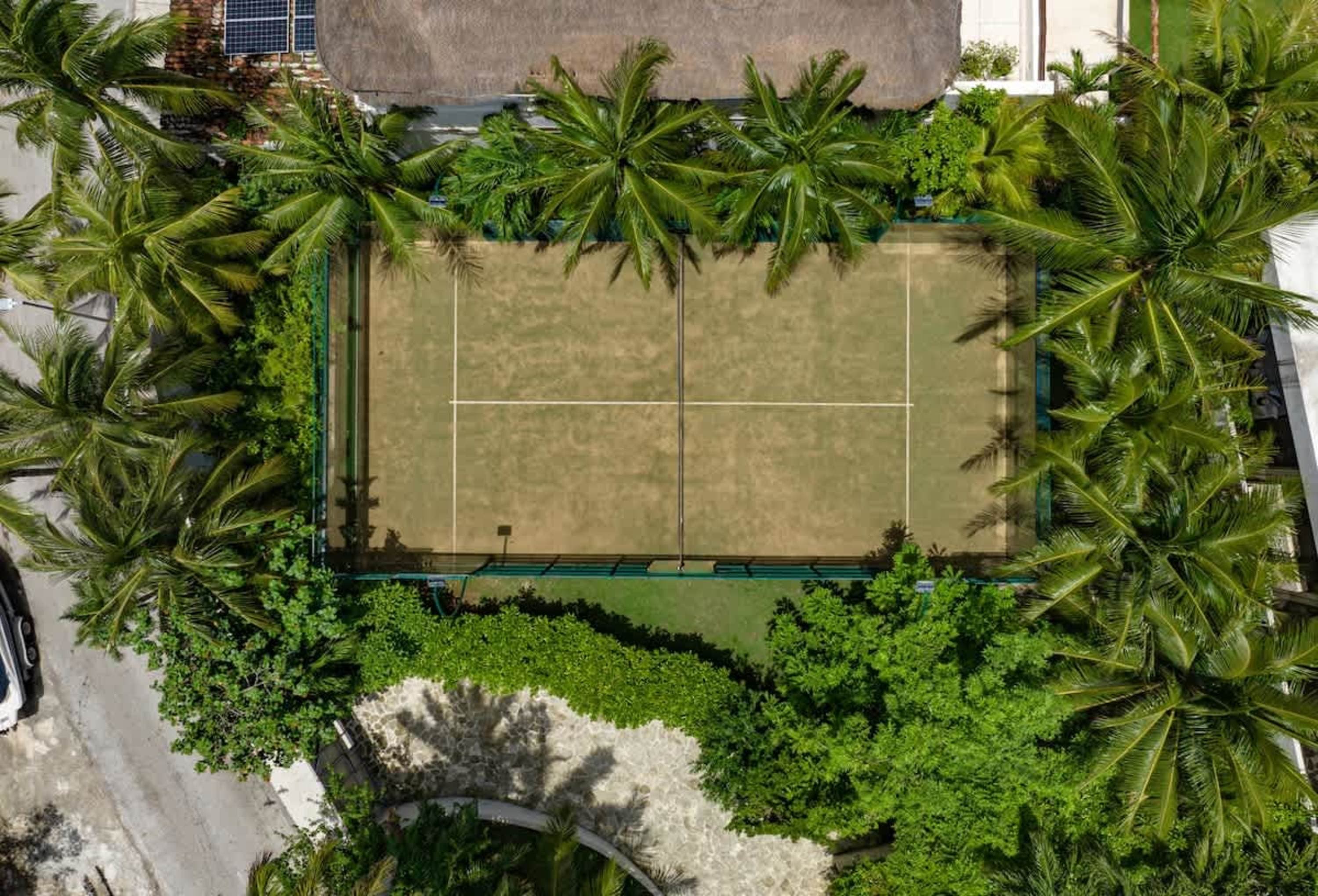 An aerial view of a tennis court surrounded by palm trees and lush greenery.