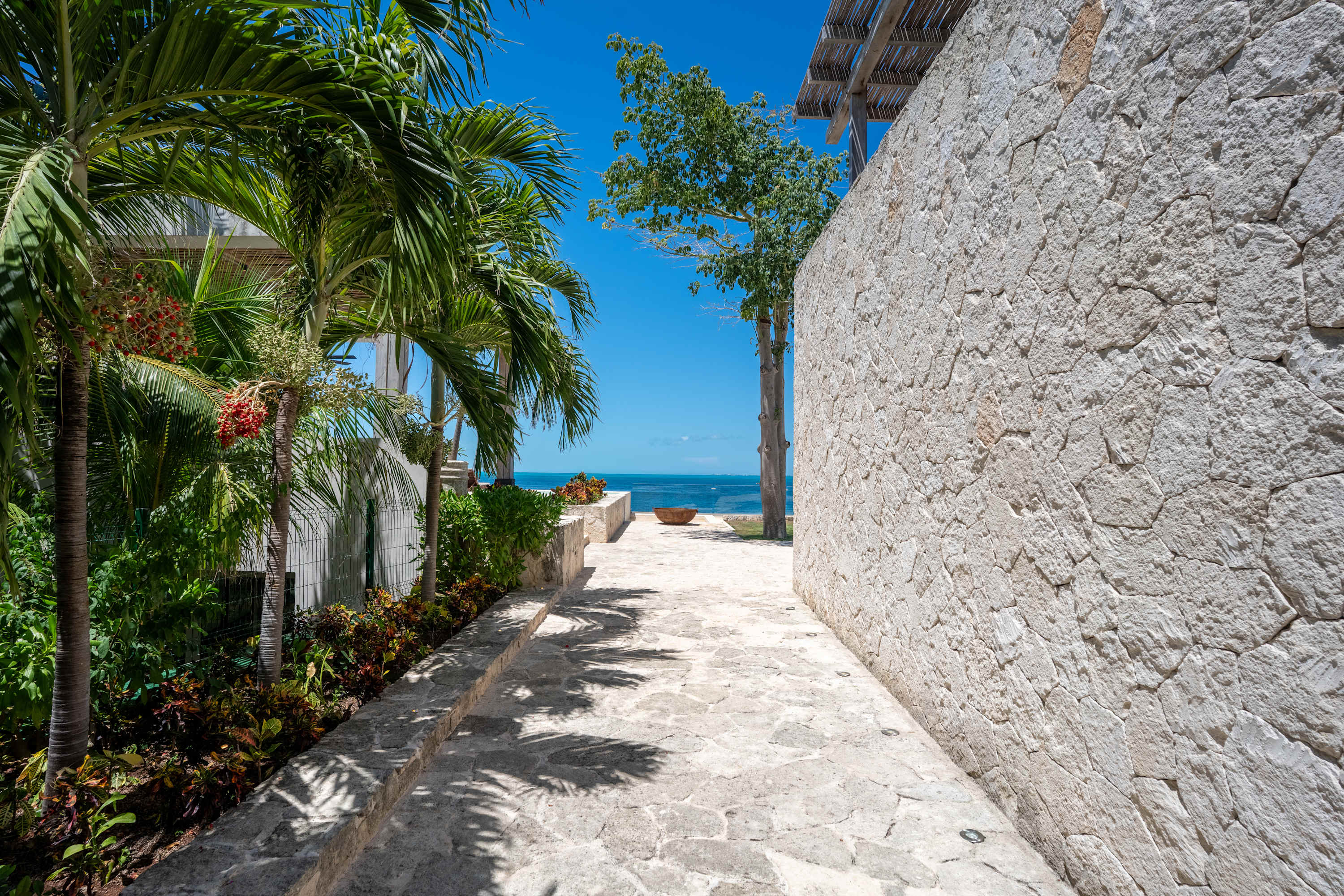 A pathway leads toward the ocean, bordered by palm trees and a stone wall.