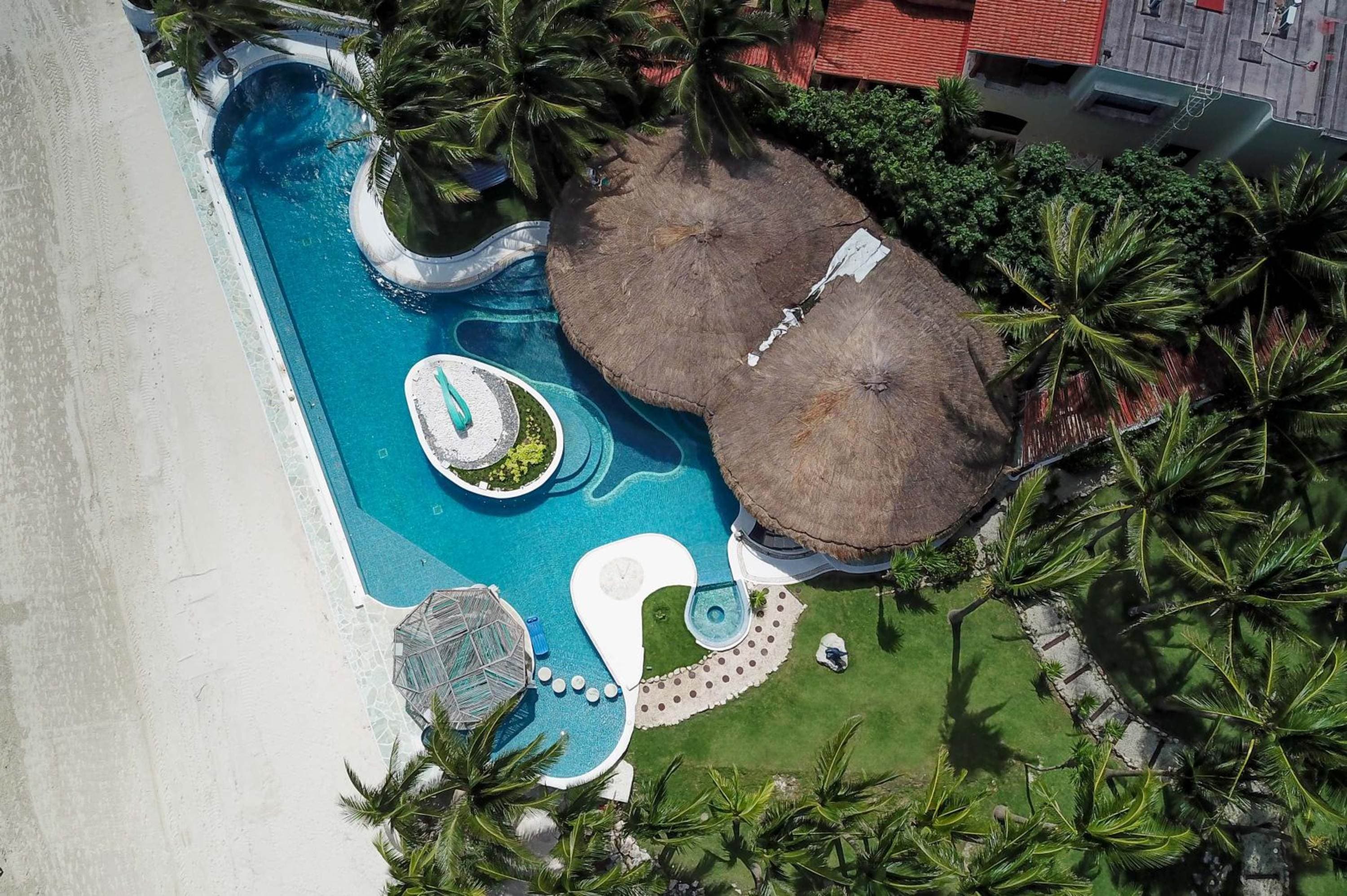 Aerial view of a resort with a pool, beach, palm trees, and thatched-roof buildings.