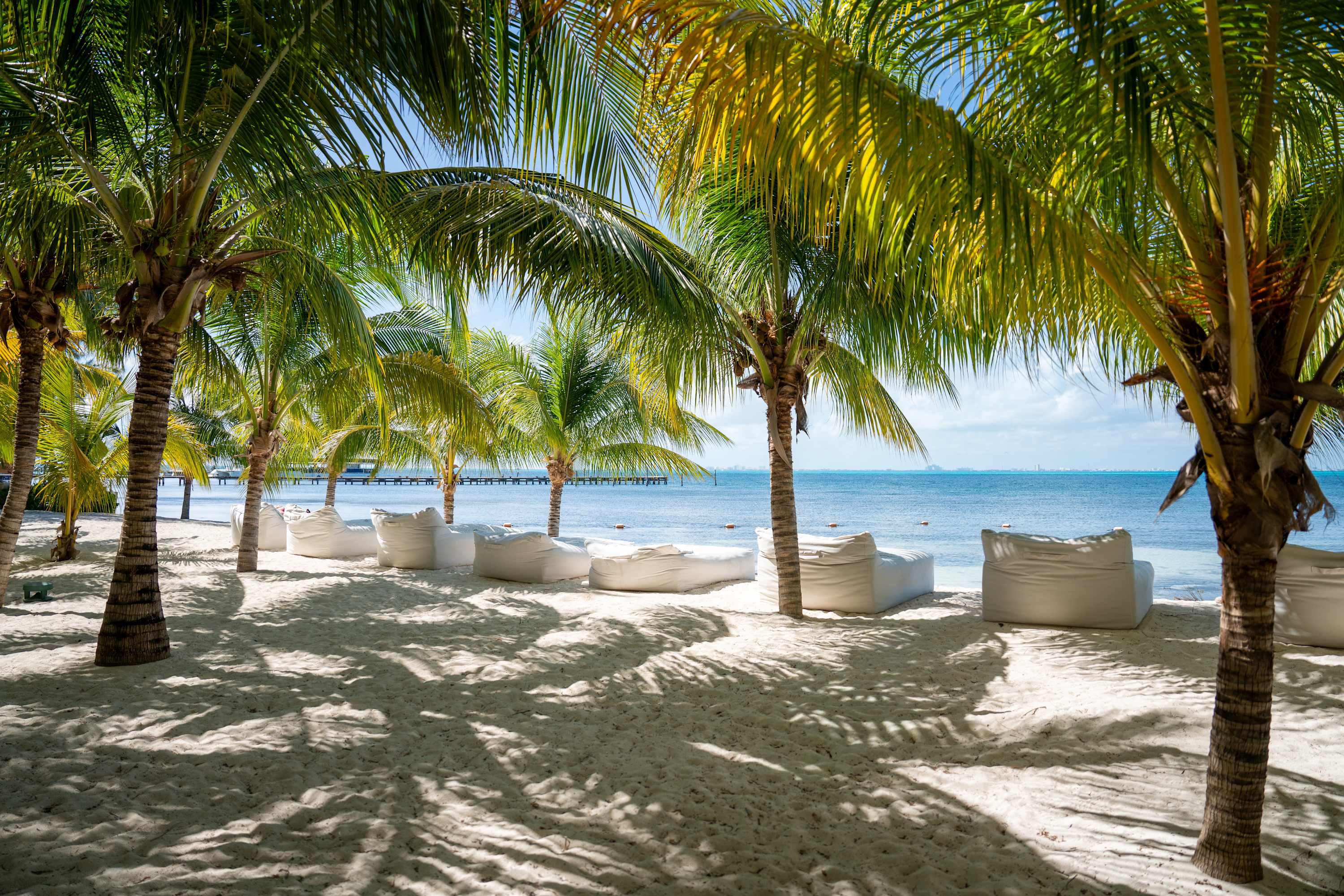 White beanbag chairs sit on a sandy beach under palm trees with the ocean in the background.