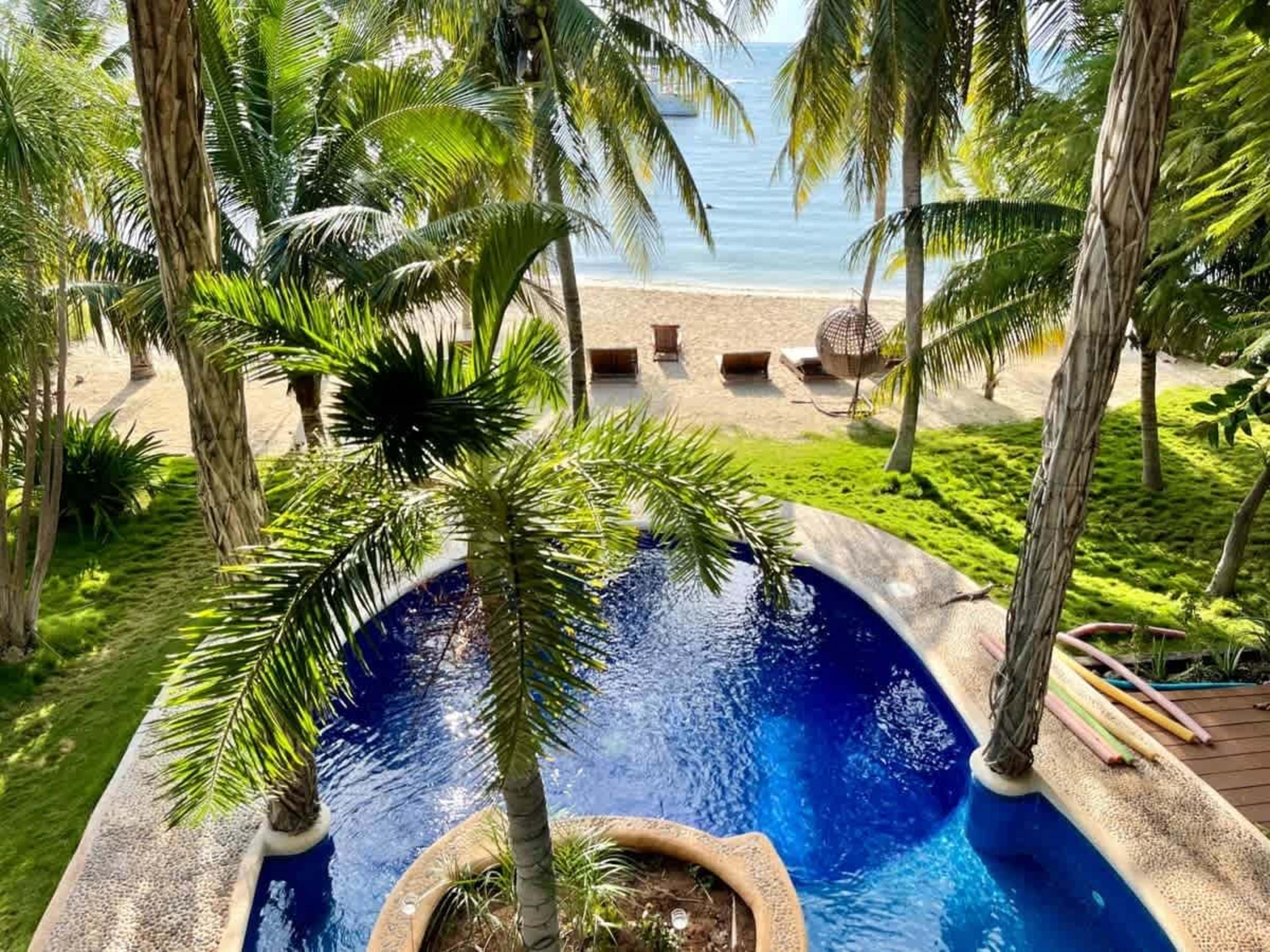 A tropical resort with a pool, beach, palm trees, and ocean view.